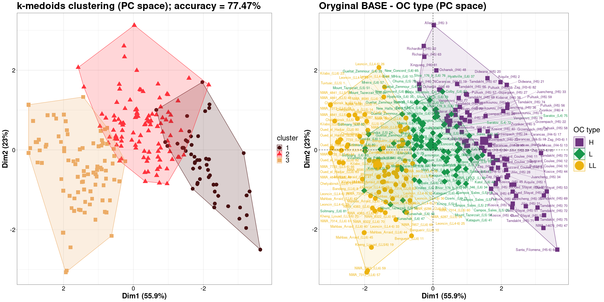 set BASE - k-medoids clustering in PCA view